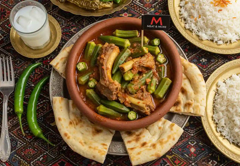 بامية باللحم، بامية بالمرق الأحمر، لحم نعيمي بالعظم، وصفة سعودية، طاجن بامية، وصفات  ميت اند مور بامية وأرز، وصفة غداء شرقية لذيذة .