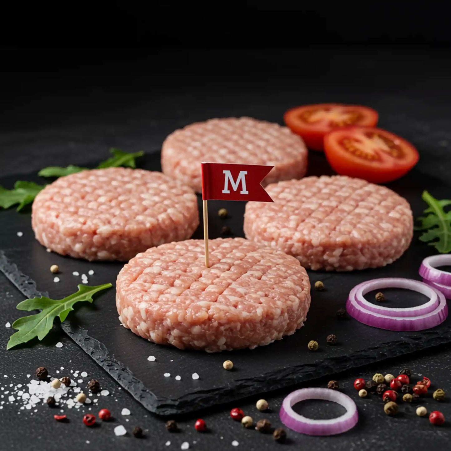 برغر دجاج - شراء لحوم طازجة في الرياض - أفضل ملحمة في الدمام - توصيل اللحوم الطازجة في الخبر - طلب لحوم عجل طازجة في الظهران - Meat and More-• Fresh chicken burger patties – chilled, ready to cook-• Chicken burgers searing on griddle