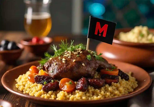 وصفة رقبة لحم نعيمي مع البرقوق والمشمش المجفف على الطريقة المغربية، مقدَّمة مع الكسكسي. متوفرة في ميت آند مور – نخدمكم في الرياض، الدمام، الخبر، والظهران.