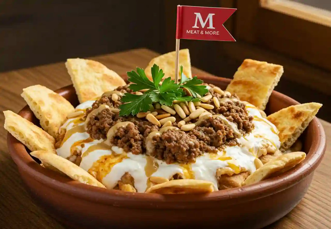 فتة لحم، مفروم عجل طازج، وصفات عربية، وصفة فتة سريعة، وصفة فتة لبنانية، لحوم ميت اند مور، طريقة عمل فتة، فطور رمضاني، لحم مفروم، صنوبر، لبن وثوم