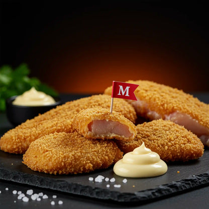 Breaded chicken escalope – fresh, ready to cook-Golden chicken escalope on skillet-Sliced chicken escalope in sandwich with salad - اسكالوب دجاج - ميت اند مور
